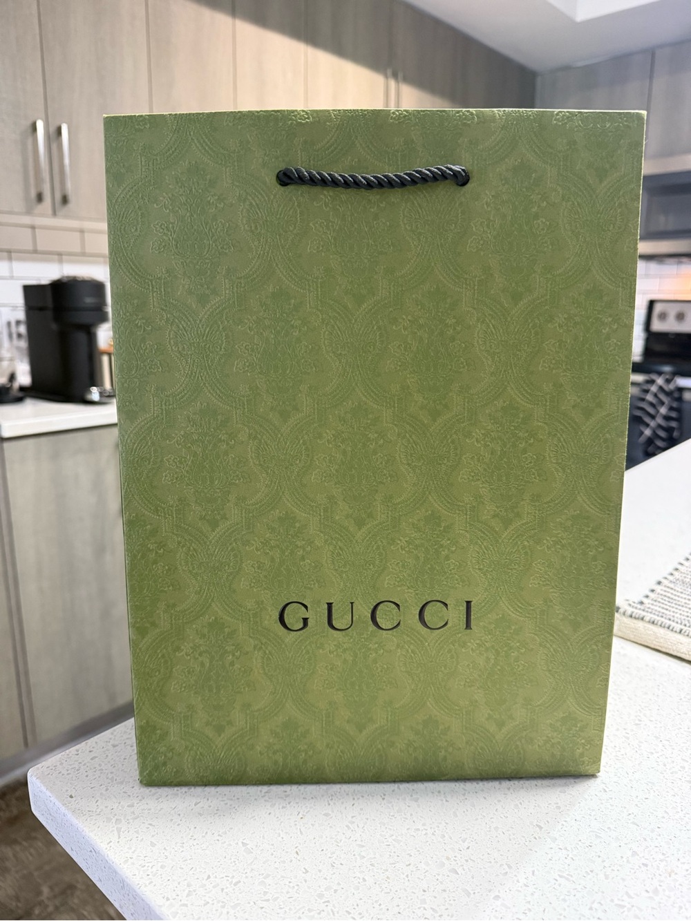 Gucci Olive Green Logo Paper Shopping Bag with Black Rope Handles